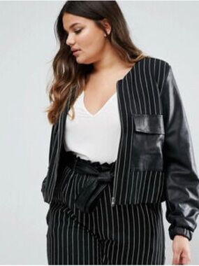 NWT Elvi Pinstripe Jacket With Leather Look Detail Size 12